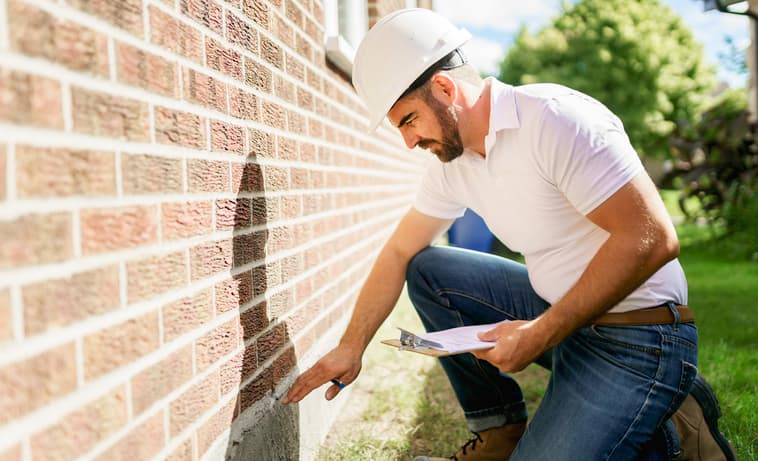 Inspecteur en bâtiment examinant les fondations d'un mur en brique