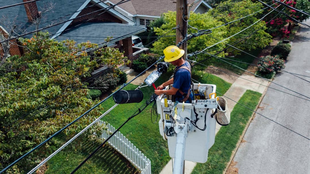 Technicien réparant des lignes électriques