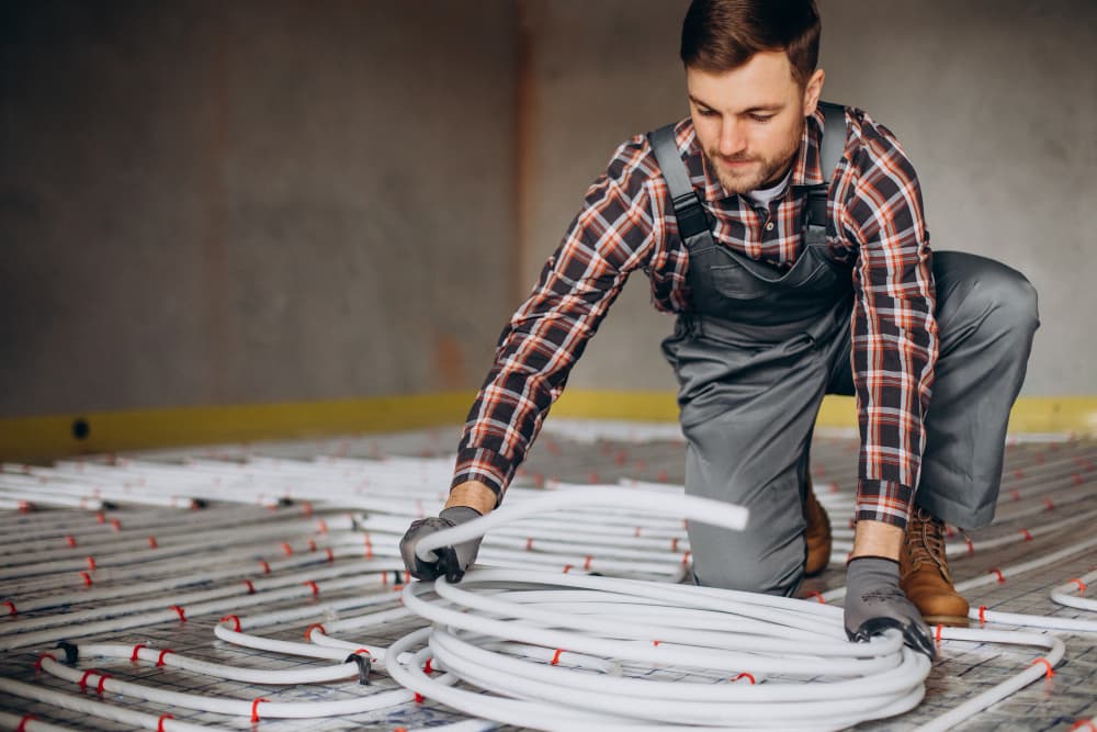 Entrepreneur installant un système de plancher chauffant