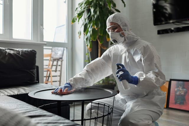 Nettoyeur spécialisé en sinistre désinfectant une table basse