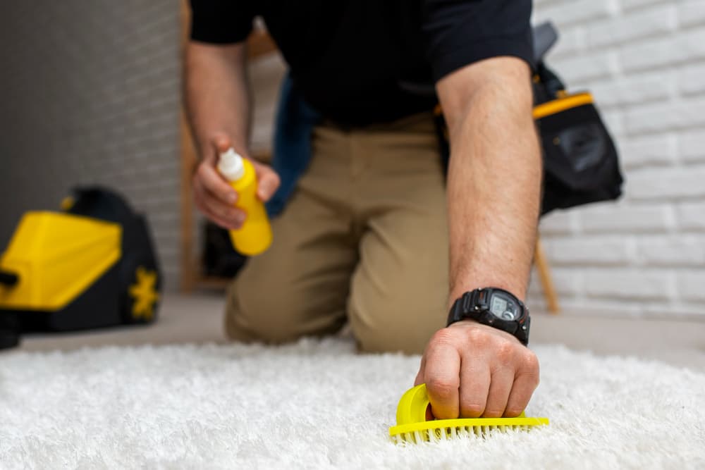 Homme traitant une tache sur un tapis