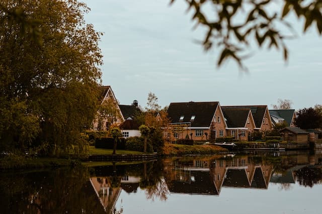 Brick houses near a lake